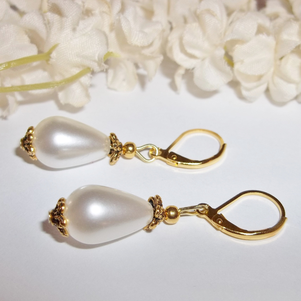 White Gold Pearl Teardrop Earring Dangle Drop Pearl Earring Pearl Earring 3933 - Picture 2 of 5